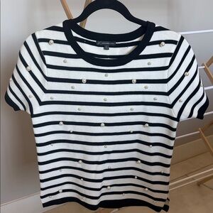 Adrianna Papell Black and White Striped Tee with Pearl Details